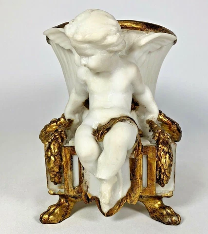 antique LOUIS PHILIPPE Cherub Planter Flower Pot White w/ Gold Trim Ceramic Vase Cover