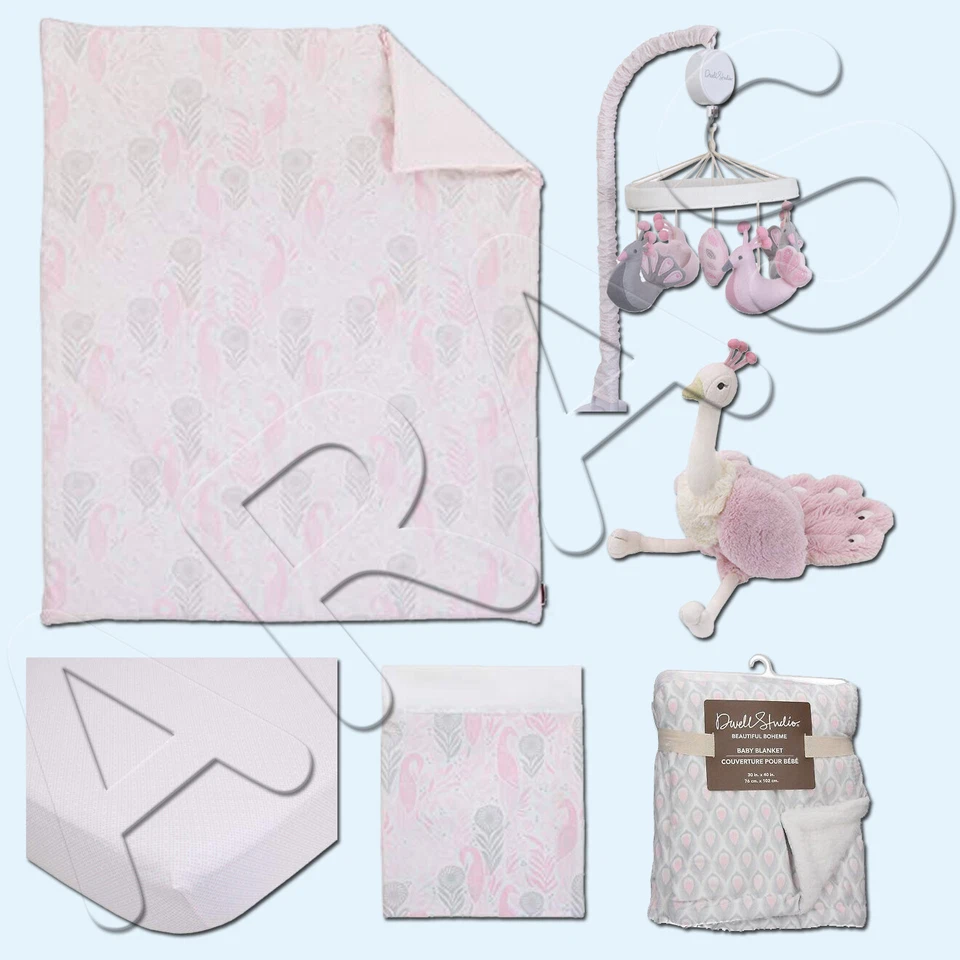 DwellStudio Boheme 3pc Pink Grey Peacocks Feathers Crib Bedding Set