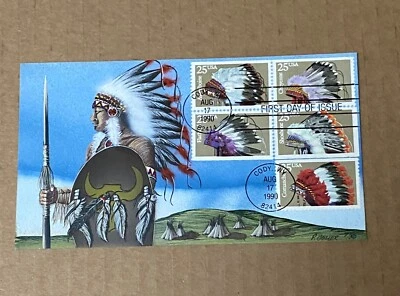 US FDC Pat Beller Cachet Hand-Painted #2501-05 Indian Headdresses 7/50 1990 - Image 1 of 3
