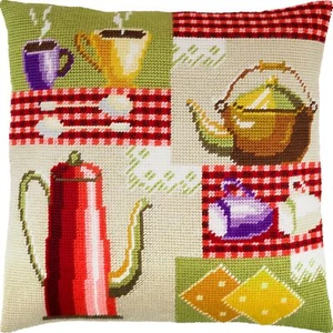 DIY Needlepoint/Tapestry Pillow Kit "Tea Time" 16x16 in / 40x40 cm - Picture 1 of 4