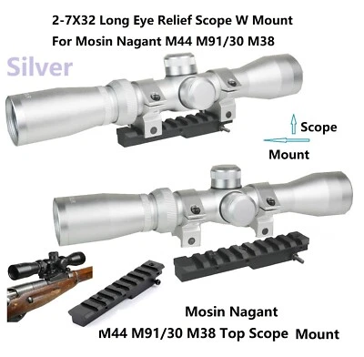 Silver Mosin Nagant 2-7x32 Long Eye Relief Scout Scope W Mount f M44 M91/30 &M38 - Image 1 of 4