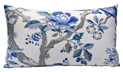 Braemore Arielle Blue Floral Decorative Throw Pillow Cover 14x24 Lumbar Linen - Image 1 of 4