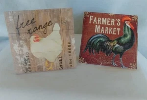 Set Rooster Hen Free Range Wood Wall Sign Plaque Farm  Primitive Country Art - Picture 1 of 5