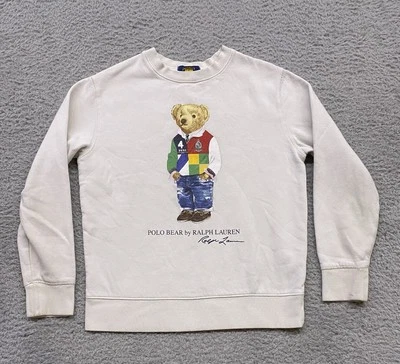 Suéter Polo Ralph Lauren Juvenil Mediano 10-12 Blanco Preppy Oso Rugby Cuello Redondo Foto 1 de 4