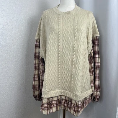 Maurices Top Womens 2X Cream Cable Knit Sweater Plaid Layered Schoolgirl Preppy - Image 1 of 4
