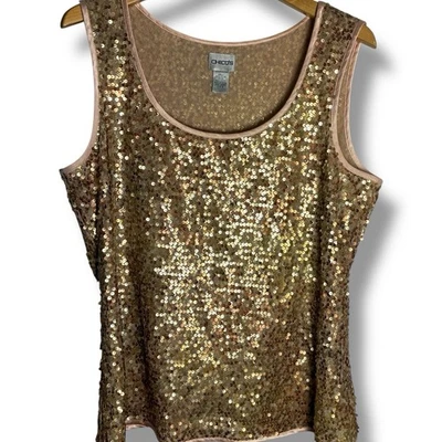 Camiseta sin mangas Chico's para mujer talla 3 (XL) oro rosa glamour lentejuelas malla cuello redondo Foto 1 de 4
