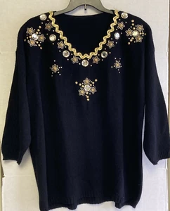 Black With Gold Sequins And Beads Heavy Pullover Sweater OS Great Accents! - Picture 1 of 5