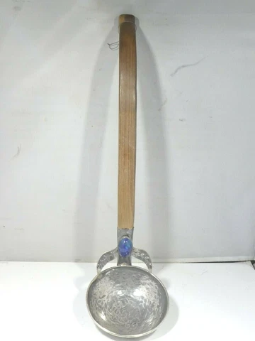 HAND HAMMERED STERLING SILVER MID CENTURY LADLE WITH WOOD HANDLE AND INSET STONE Cover