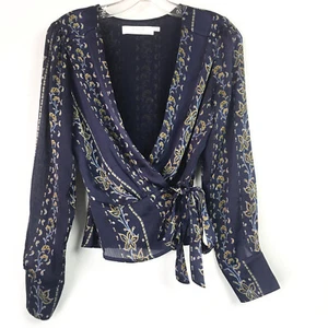 Astr the Label Womens Small Wrap Top Kimi Navy Blue Paisley Long Sleeve - Picture 1 of 9