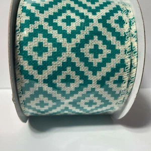 Wired Ribbon Green Diamond Aztec Print Tribal 1.5" 25' Simply Spring Craft Bow - Picture 1 of 7
