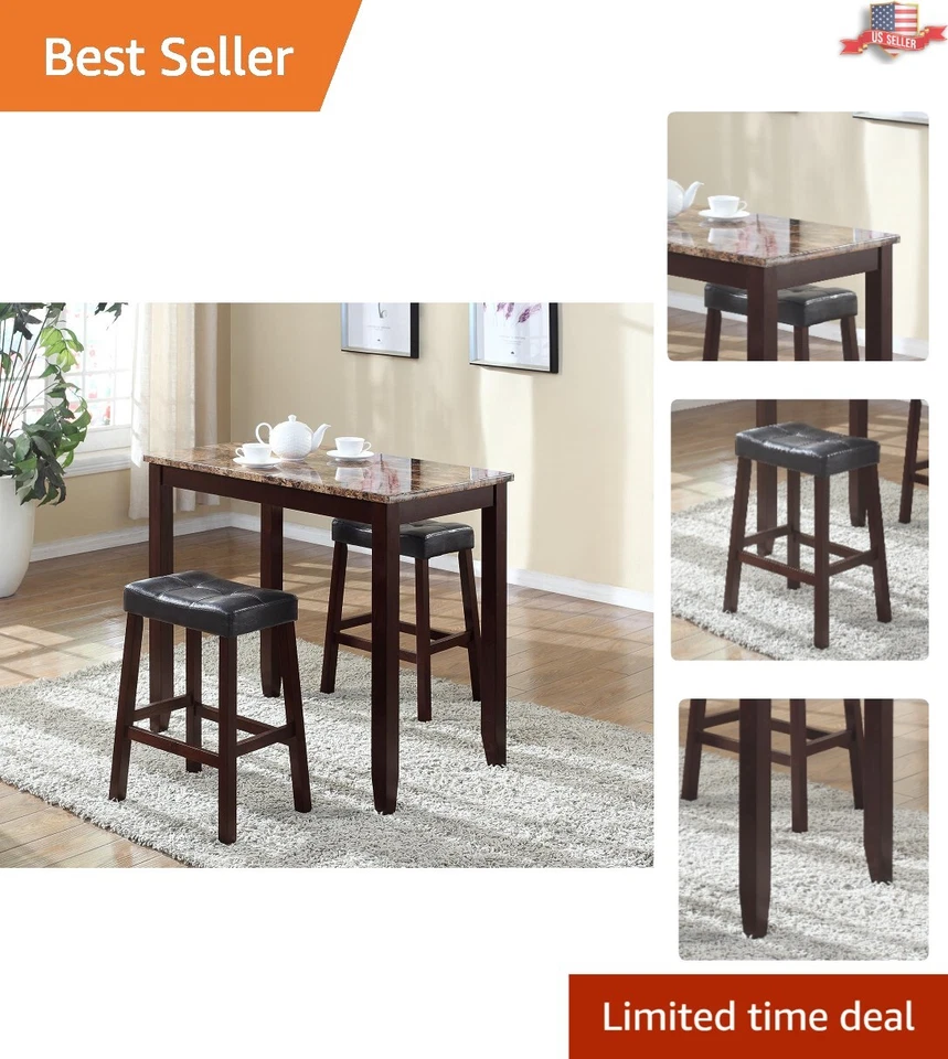 Counter Height Marble Breakfast Table - Glossy Print - Dark Brown Legs - 3-Piece - Image 1 of 4