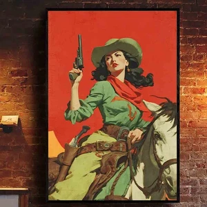Cowgirl Western Poster Vintage Rodeo Wall Art Horseback Rustic Cowboy Poster - Picture 1 of 5