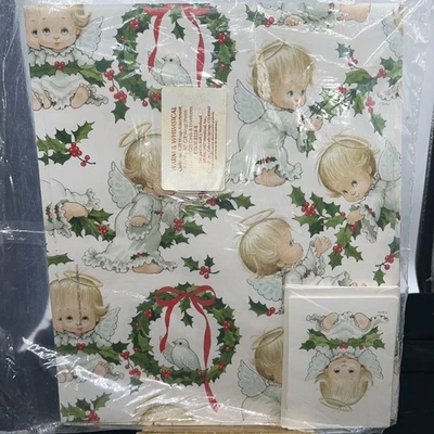 Vtg Ruth Morehead Holly Babes Angels Christmas Wrapping Paper Gift Wrap & Cards - Image 1 of 4