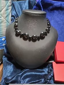 Antique Victorian WHITBY JET 17" Carved Half Circle Bead Necklace - 36.4 grams - Picture 1 of 14