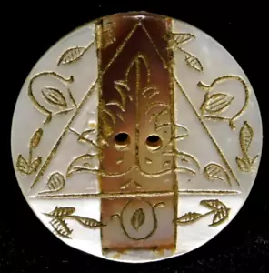 Antique Engraved & Inlaid Bright White Pearl Shell BUTTON w Gold Luster NICE 7/8 - Picture 1 of 6