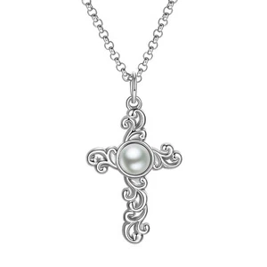Men Women Floral Cross Simulated Pearl Pendant Titanium Steel Necklace Chain 24" - Picture 1 of 7