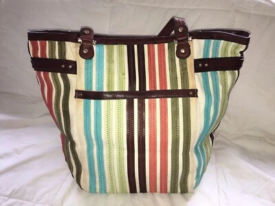 LIZ CLAIBORNE Cotton Canvas Multi-Colored Leather Strip Large Tote Bag Purse - Image 1 of 4