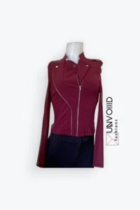 MATERIAL GIRL | Moto Crop Zip Front Long Mesh Sleeves Jacket JRS Sz S Burgundy - Picture 1 of 5