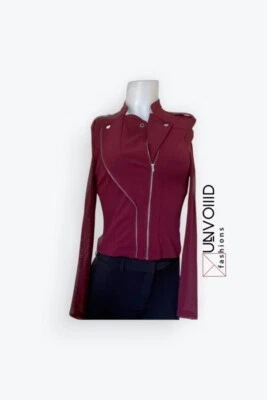 MATERIAL GIRL | Moto Crop Zip Front Long Mesh Sleeves Jacket JRS Sz S Burgundy - Image 1 of 4