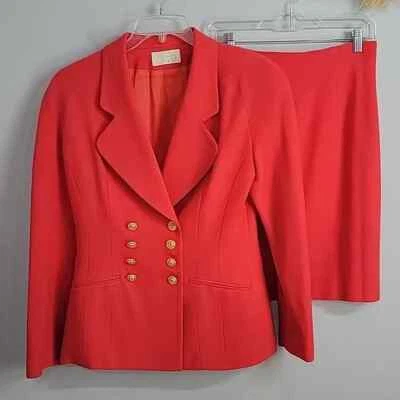 Vintage CACHE Coral skirt suit gold buttons size 10 women's - Image 1 of 4