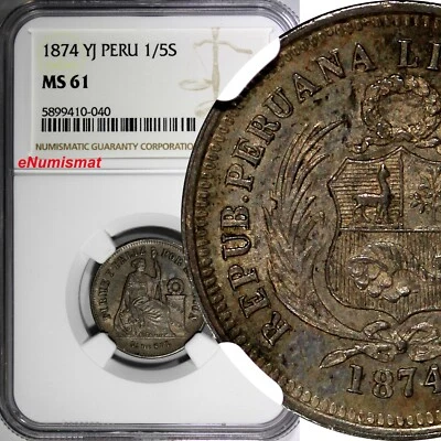 Peru Silver 1874 YJ 1/5 Sol  NGC MS61 Toning KM# 191 (040) - Image 1 of 4