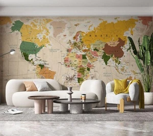 World Map Wallpaper, Office Decor Map Wallpaper, Stylish Peel and Stick Mural - Picture 1 of 8