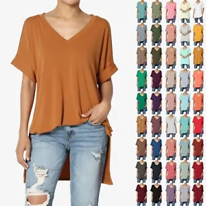 Women's Casual V Neck T Shirt Rolled Short Sleeve Side Split Tunic Top - Picture 1 of 261