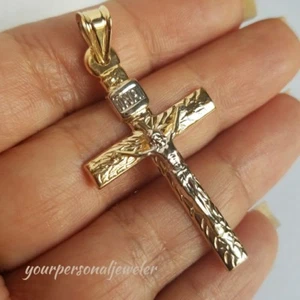 14k yellow Gold Jesus Crucifix Cross Pendant 2 tone 1.80 inches long INRI - Picture 1 of 12