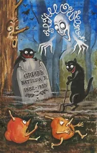 IMPRESIÓN DE PINTURA DE HALLOWEEN 5.25 X 8.25 RYTA ESTILO VINTAGE ARTE GATO NEGRO Folk 🙂 - Imagen 1 de 1