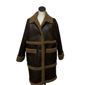 NWT Bearpaw Sherpa Mixed Media Long Jacket Coat Pockets Chocolate Brown Medium - Picture 1 of 5