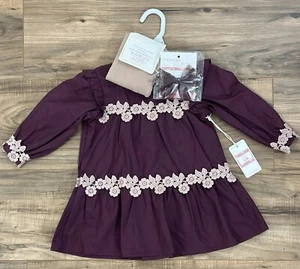 3-Pc Btween Baby Girl Dress | Floral Lace Long-Sleeve Leggings Bow 12M Plum Pink - Picture 1 of 5