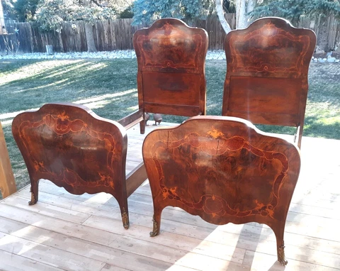 Excellent Pair of French Antique Walnut Parquetry Louis XV Single Beds w/ Rails Cover