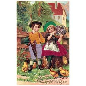 Auguri di Pasqua bambino e bambina con fiori e pulcini cartolina seta vintage - Foto 1 di 2