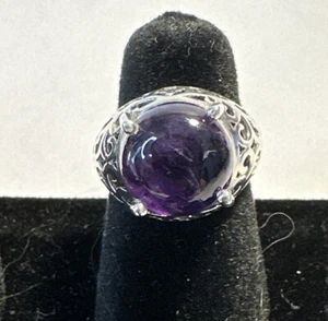 925 STERLING SILVER CABOCHON PURPLE AMETHYST Filigree RING Sz5 Large (9mm) Stone - Picture 1 of 4