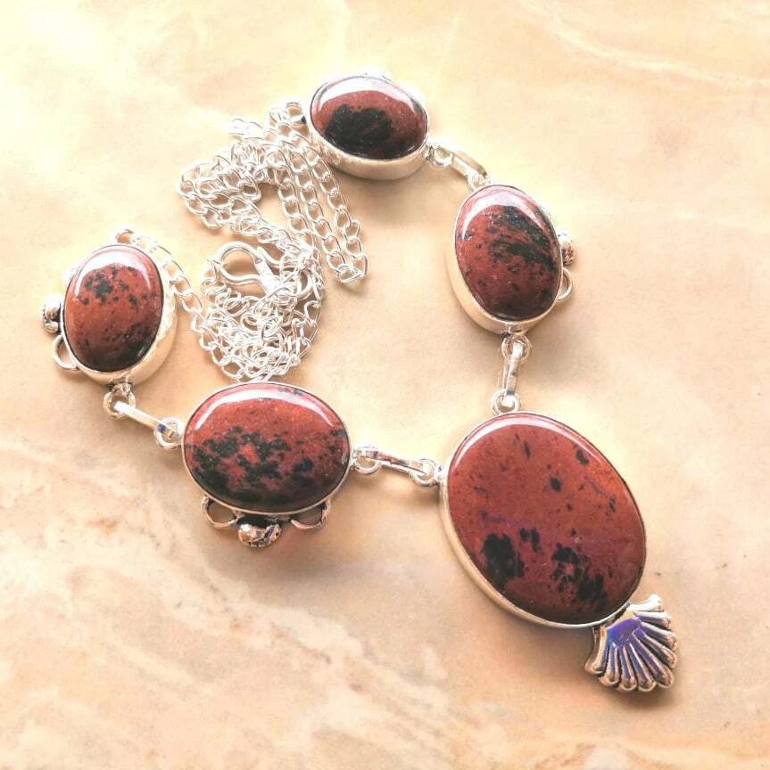 Handmade Naturale Ossidiana Mogano 925 Argento Sterling Collana 21 " #N01742 - Immagine 1 di 1