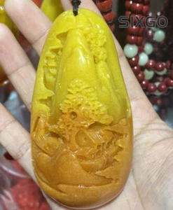 Neue chinesische antike natürliche Huanglong Jade geschnitzte Landschaft Halskette Anhänger - Bild 1 von 3