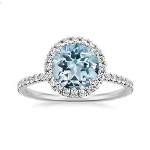 Natürlicher Aquamarin-Diamant-Verlobungsring 1,80 kt Rundschliff 14 kt massives Weißgold - Bild 1 von 9