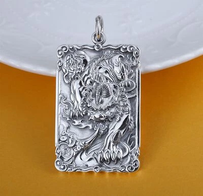 Amuleto pingente oblongo chinês S999 prata fina 999 unicórnio besta dragão pixiu - Imagem 1 de 4