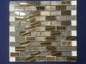 NY21 Silver/Brown Glass/Marble Rectangle Mosaic Tile Kitchen Bathroom Backsplash - Picture 1 of 4