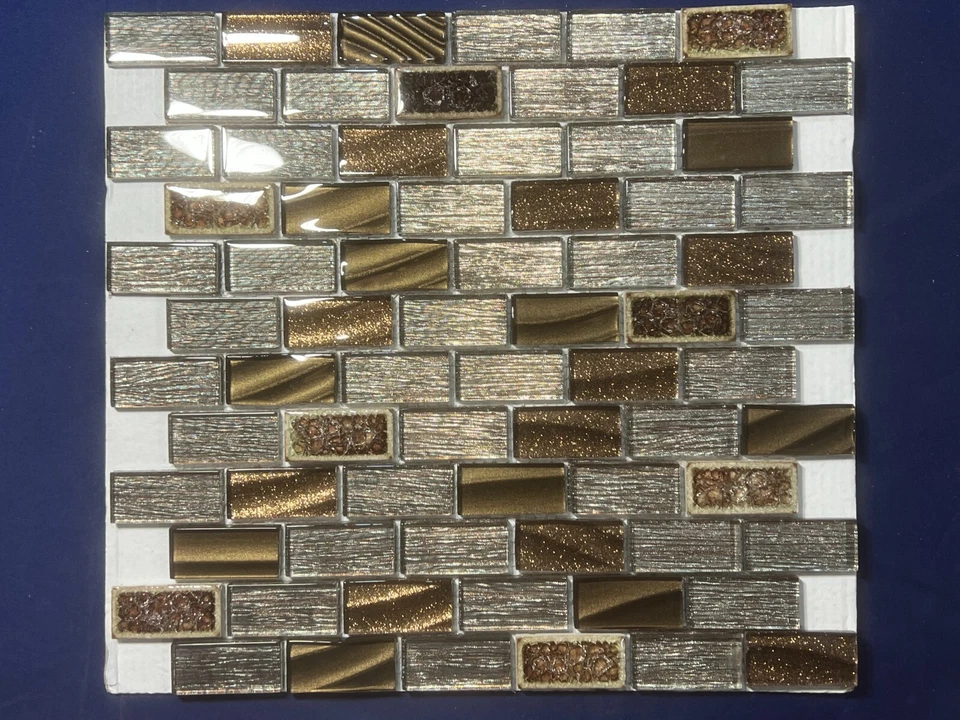 NY21 Silver/Brown Glass/Marble Rectangle Mosaic Tile Kitchen Bathroom Backsplash - Image 1 of 4