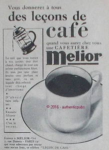 PUBLICITE MELIOR CAFETIERE DES LECONS DE CAFE TASSE DE 1952 FRENCH AD PUB - Picture 1 of 1