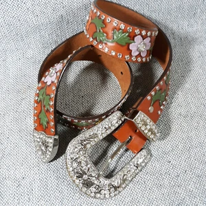 Hand Tooled Leather Belt 3-D Rhinestone Bling Buckle Painted Floral Size 34 - Picture 1 of 17