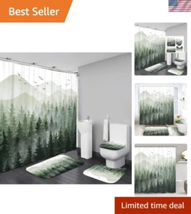 4Pcs Green Misty Forest Shower Curtain Sets with 12 Hooks, Non-Slip Rugs Toil... - Picture 1 of 8