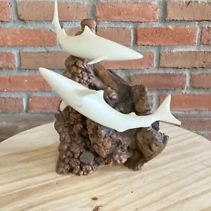 Vintage John Perry 1973 2 Sharks Sculpture on Burled Wood Base - Picture 1 of 9