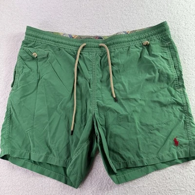 Vtg 80 90's Polo Ralph Lauren Green Lined Swim Shorts Blue Polo Logo Trunks Sz L - Image 1 of 4