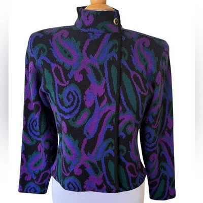 St John Vintage Knit Purple Blue Paisley Boxy Cardigan Sweater High Neck Size 4 - Image 1 of 4