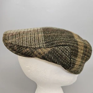 M&S Moon Tweed Flat Cap 100% Wool Check Mens M 7 -7 Olive / Brown - Picture 1 of 8