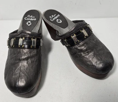 Zueco de mula de cuero envejecido Calleen Cordero plataforma metálica tacón de madera talla 8 Foto 1 de 4