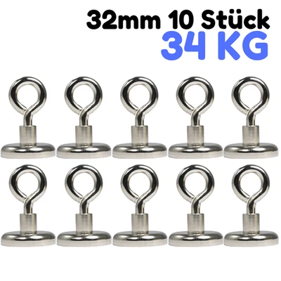10 Neodym Magnete 32mm Magnetöse 34kg Stark Topfmagnet Magnet Rund M6 Öse  - Bild 1 von 4