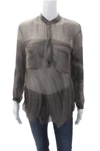 Raquel Allegra Womens V-neck Long Sleeve Printed Fray Bottom Blouse Brown Size X - Picture 1 of 8
